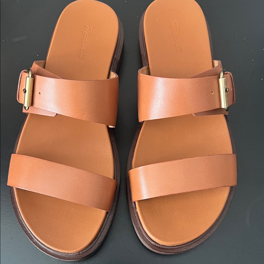 Madewell Cognac Leather Double-Strap Slide Sandals